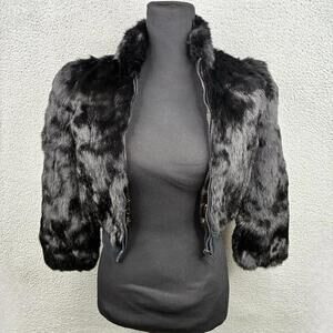 Vintage 80s Dyed Rabbit Fur Cropped Bomber Jacket Black Size 7 Hong Kong